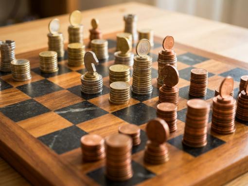 Game of chess being played with chess pieces made of Euro coins.